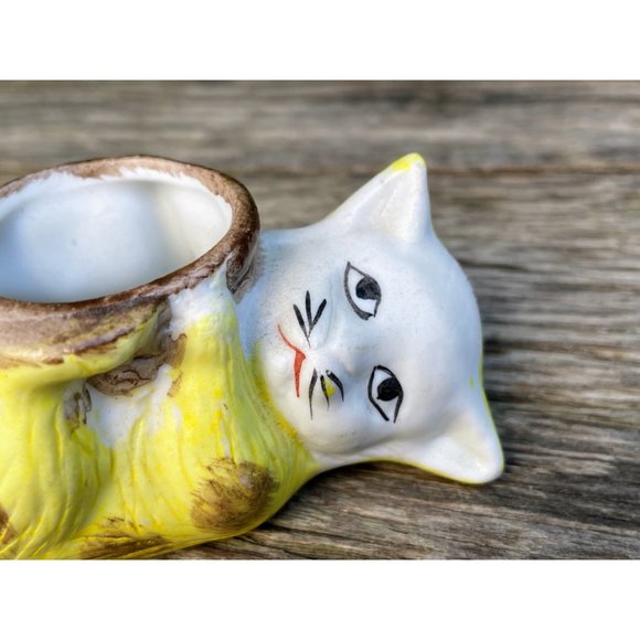 Vintage Bisque Porcelain Small Sad Kitty Cat Planter Vase - Picture 2 of 11